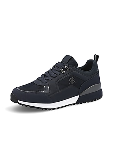 360 degree animation of product Navy lace-up runner trainers frame-1