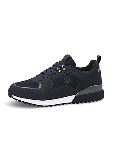 360 degree animation of product Navy lace-up runner trainers frame-2