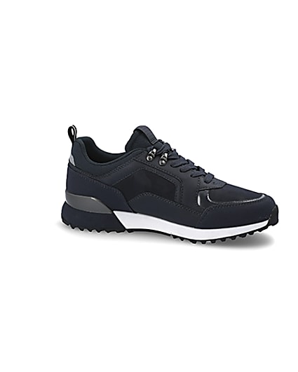 360 degree animation of product Navy lace-up runner trainers frame-16
