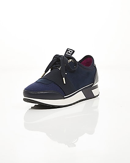 360 degree animation of product Navy lace-up runner trainers frame-1