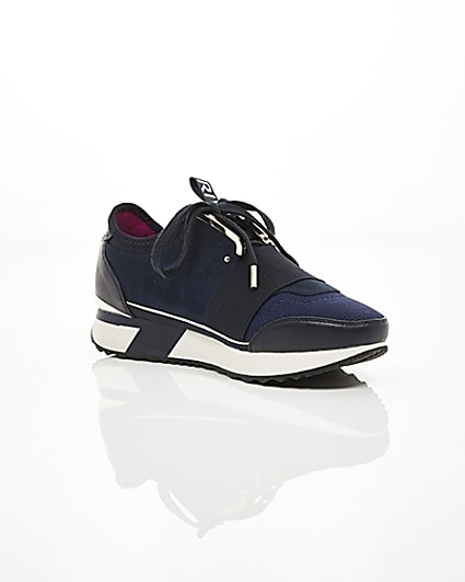 360 degree animation of product Navy lace-up runner trainers frame-7