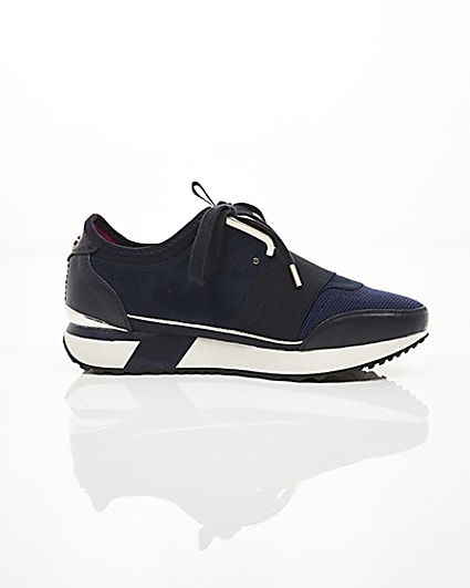 360 degree animation of product Navy lace-up runner trainers frame-9