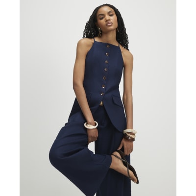 Navy Linen Blend Longline Waistcoat