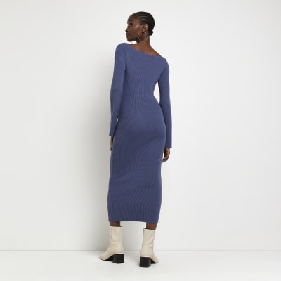 Navy long sleeve bodycon midi dress
