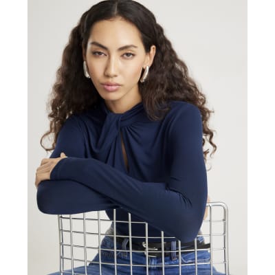 Navy Long Sleeve High Neck Twist Top
