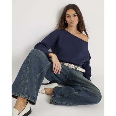 Navy Long Sleeve Off Shoulder Sweatshirt