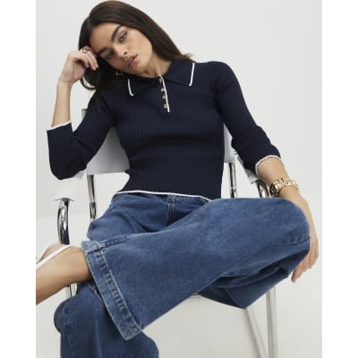 Navy Long Sleeve Polo Top