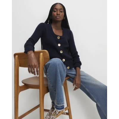 Navy Long Sleeve Scoop Neck Cardigan