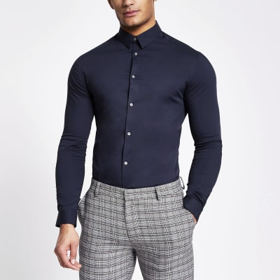 Navy long sleeve slim fit shirt | River Island