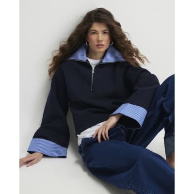 Navy Long Sleeve Stripe Half Zip Sweatshirt