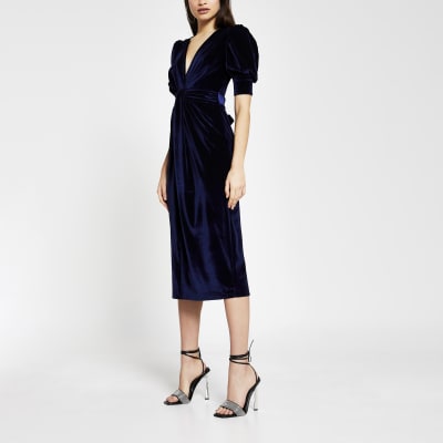 navy long sleeve velvet dress