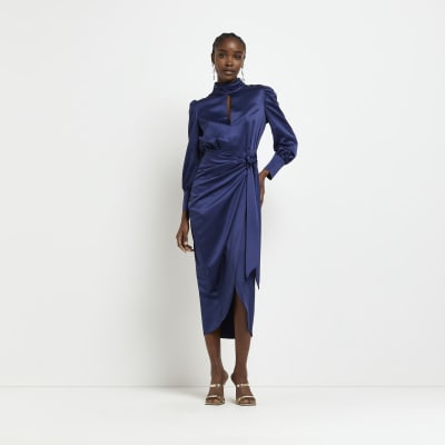 Navy long sleeve wrap midi dress