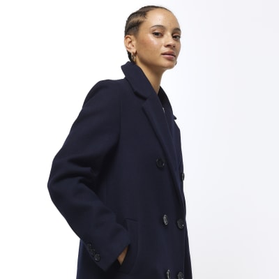 Navy longline overcoat River Island