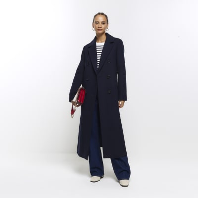 Navy longline overcoat River Island