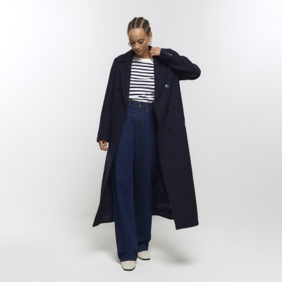 Navy longline overcoat River Island
