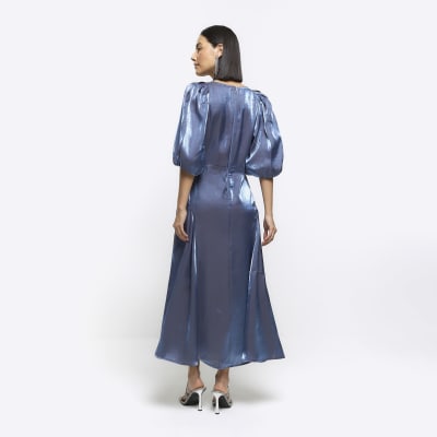 Petrol Blue Bonded Satin Bardot Puff Sleeve Dress  Puff sleeve midi  dresses, Petrol blue, Puffed sleeves dress