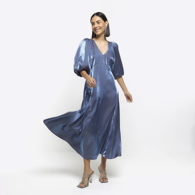 Navy metallic puff sleeve smock midi dress | River Island