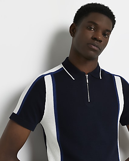 Navy muscle fit colour block rib polo shirt