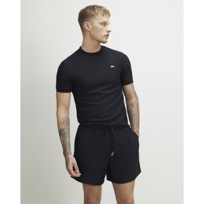 Navy Muscle Fit Cotton Textured T-Shirt