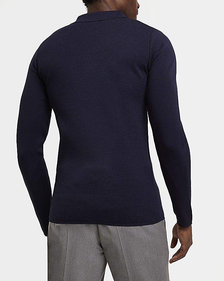 Navy Muscle fit knit long sleeve polo shirt