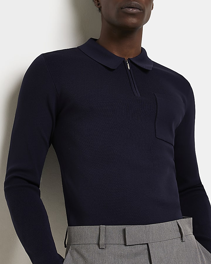 Navy Muscle fit knit long sleeve polo shirt