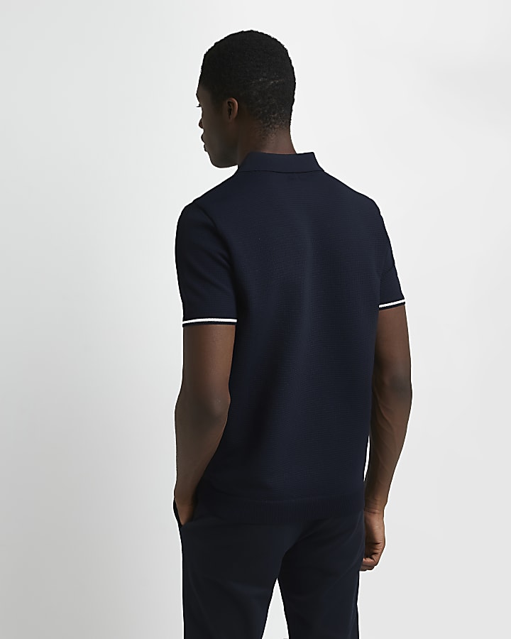 Navy muscle fit knitted polo shirt