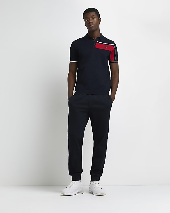 Navy muscle fit knitted polo shirt
