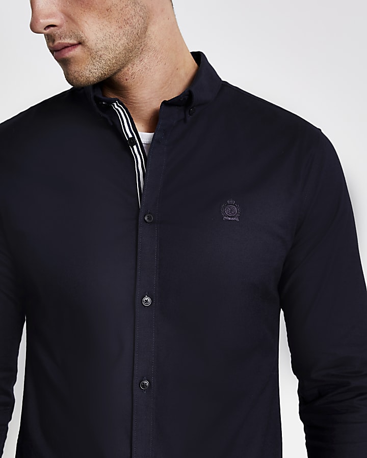 Navy muscle fit long sleeve Oxford shirt