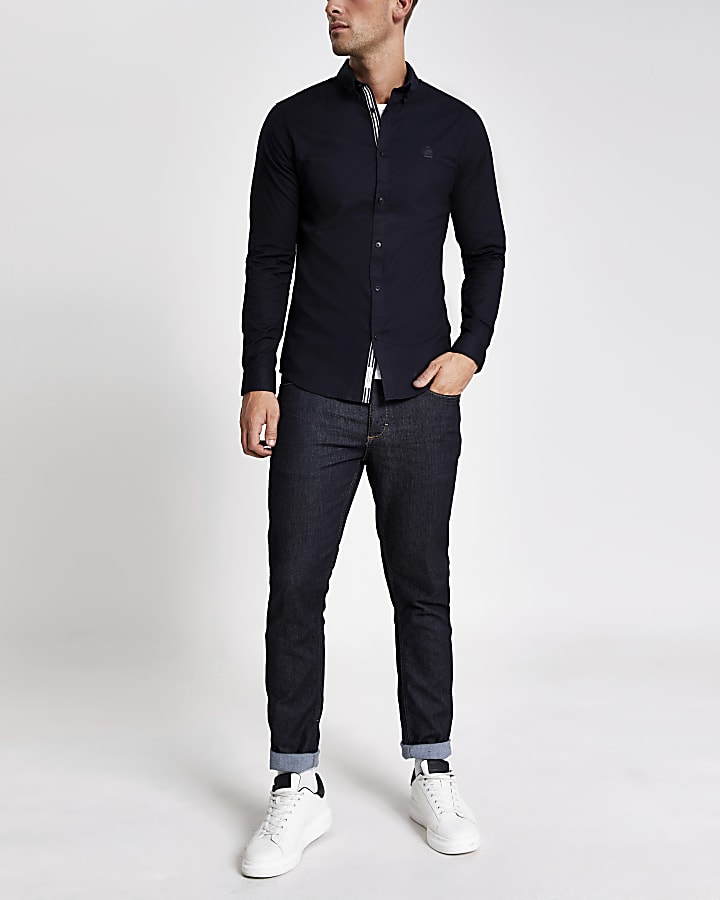 Navy muscle fit long sleeve Oxford shirt