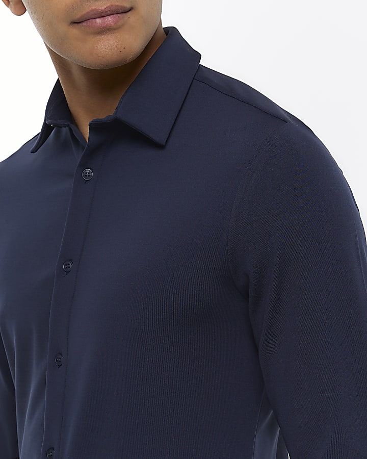 Navy muscle fit long sleeve shirt | River Island