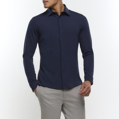 Navy muscle fit long sleeve shirt