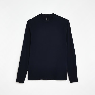 Navy Muscle fit long sleeve tshirt River Island