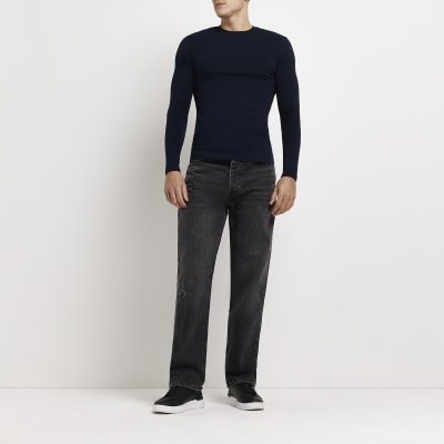 Navy Muscle fit long sleeve tshirt River Island