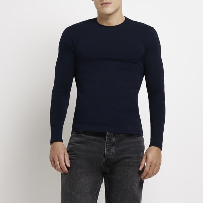 Navy Muscle fit long sleeve tshirt River Island