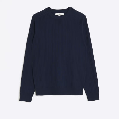 Navy Muscle Fit Rib Jumper River Island