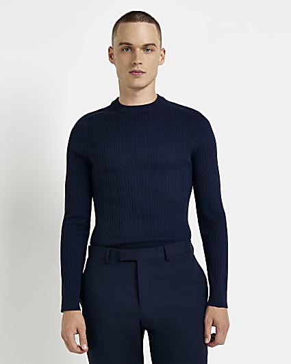 Navy Muscle fit ribbed crew neck jumper