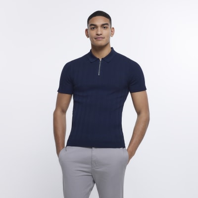 Navy Muscle Fit Ribbed Knit Zip Up Polo Shirt River Island