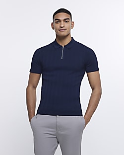 Navy muscle fit ribbed knit zip up polo shirt