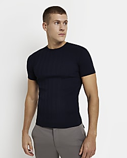Navy muscle fit ribbed knitted t-shirt