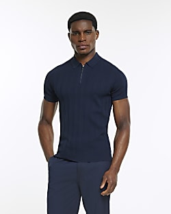 Navy muscle fit ribbed polo shirt