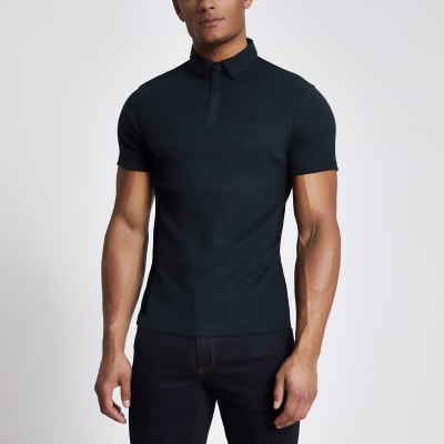 Navy muscle fit ribbed polo top | River Island