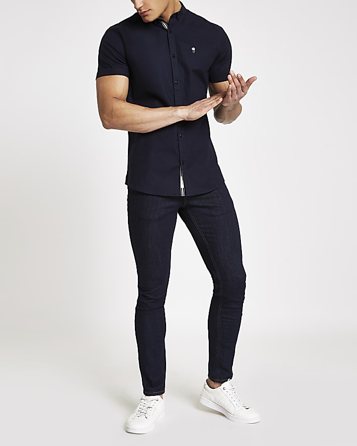 Navy muscle fit short sleeve Oxford shirt
