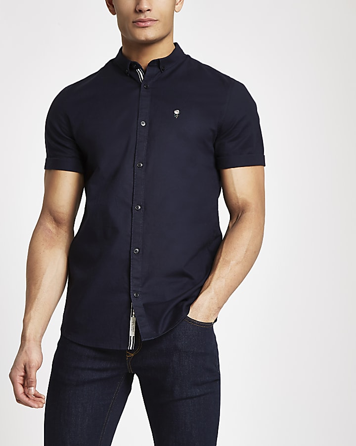 Navy muscle fit short sleeve Oxford shirt