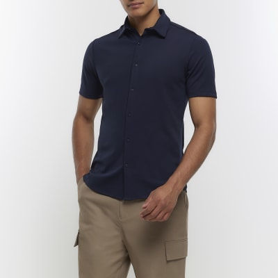 Navy muscle fit short sleeve shirt River Island