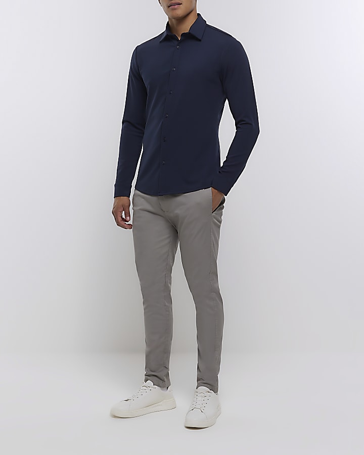 Navy muscle fit stretch long sleeve shirt | River Island