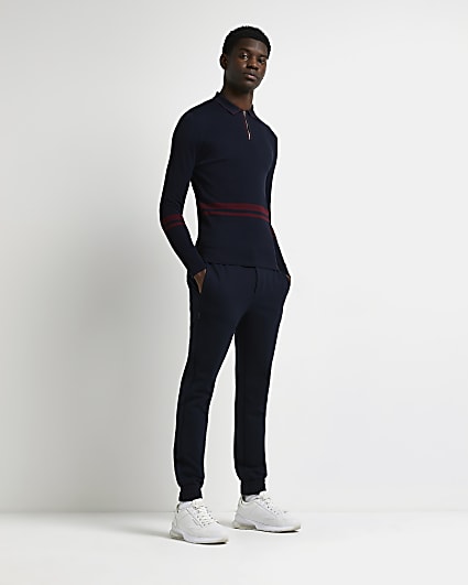 Navy muscle fit stripe long sleeve polo shirt