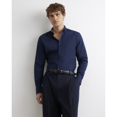 Navy Muscle Fit Textured Long Sleeve Shirt