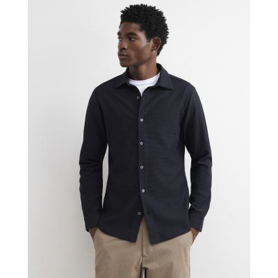 Navy Muscle Fit Textured Long Sleeve Shirt
