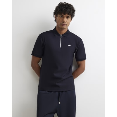 Navy Muscle Fit Textured Zip Polo Shirt