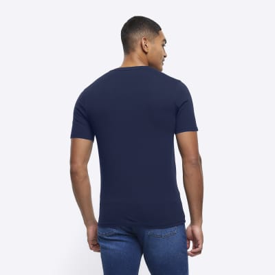 Navy muscle fit V neck t-shirt | River Island